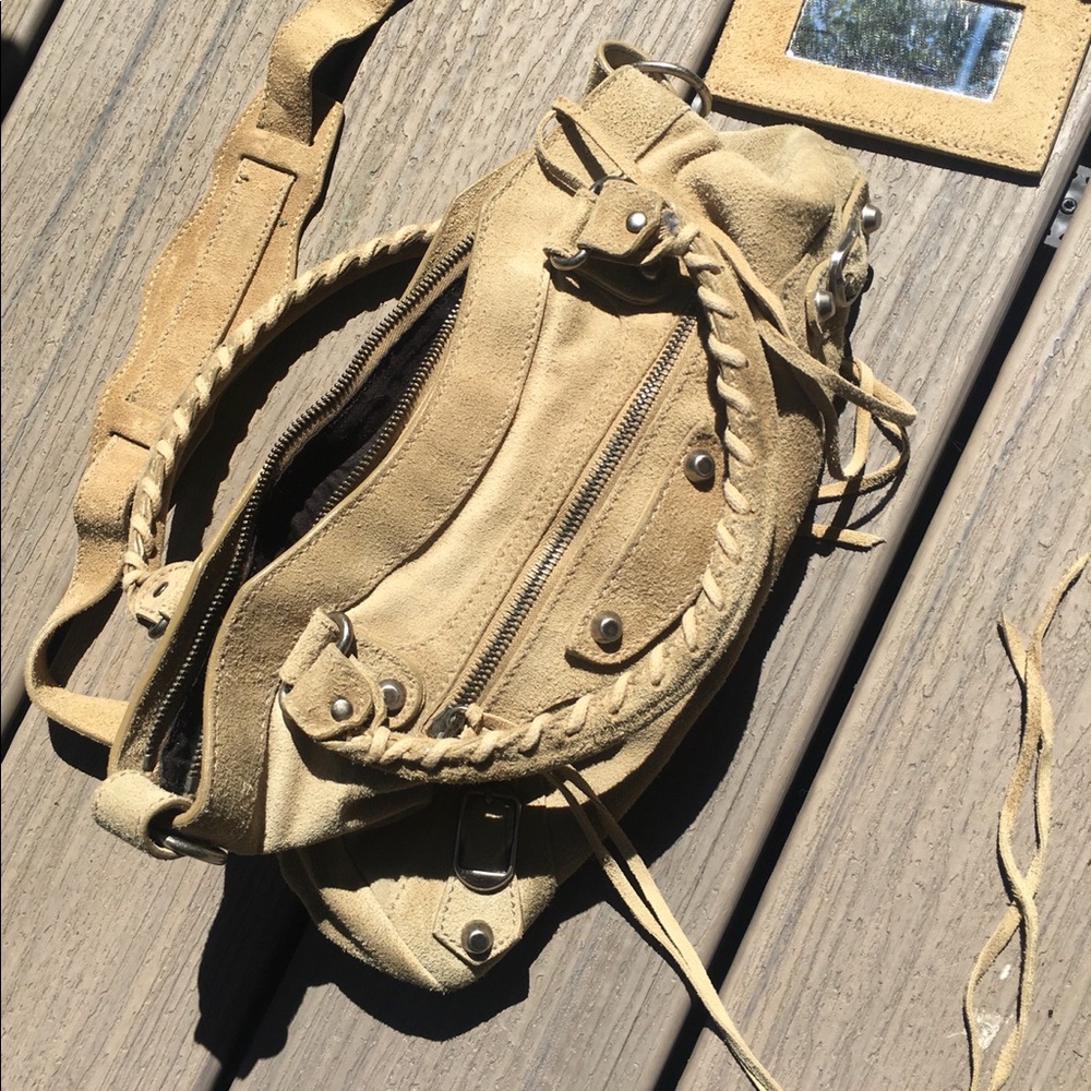 BALENCIAGA TAN SUEDE MOTO BAG